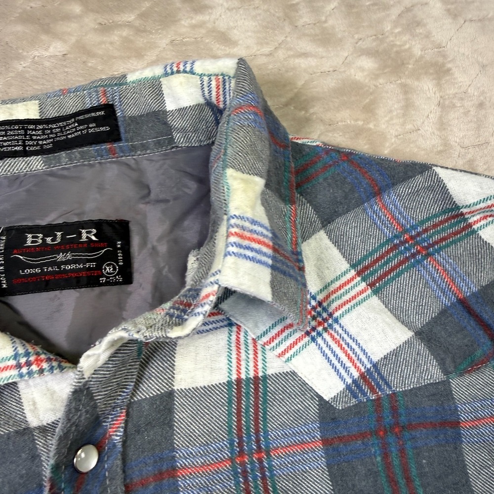 VTG BJ-R Long Tail Form Fit Western Shirt Mens XL Plaid Pearl Snap STAINED Look - Picture 8 of 12